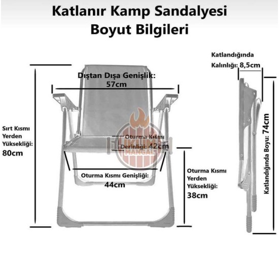 2 Adet Katlanır Kamp Piknik Sandalyesi Dikdörtgen  Siyah 